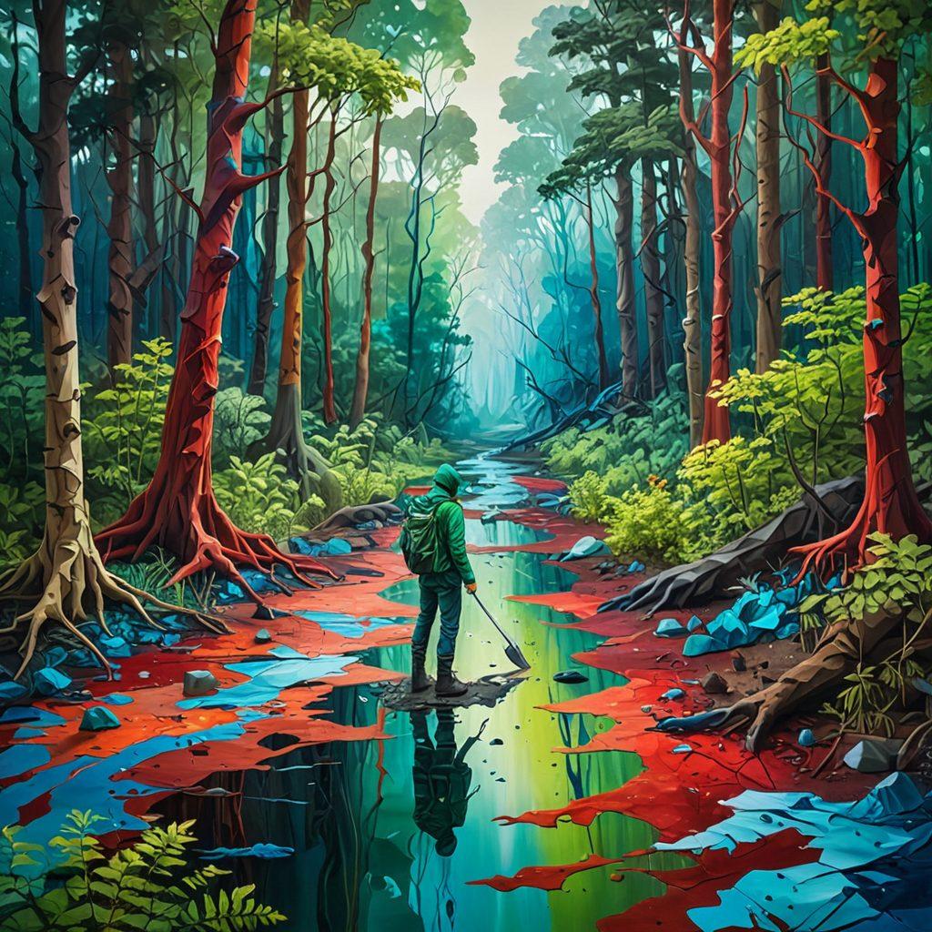 A lush, verdant forest intertwined with abstract art elements depicting climate change impacts, such as cracked soil and melting ice. Prominent colors of green blending into reds and blues to signify both nature and the urgency of change. A central figure, perhaps a young artist, brushes vibrant strokes on a canvas embedded within the scenery. surreal style. vibrant colors.