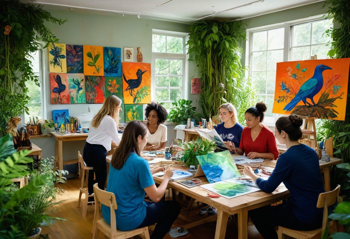A diverse group of artists creating vibrant and expressive eco-themed artworks in an open, sunlit studio surrounded by lush greenery. Include elements like recycled materials, sculptures of endangered species, and colorful paintings depicting climate resilience. eco-conscious, harmonious, community atmosphere. painting. vibrant colors, natural background.