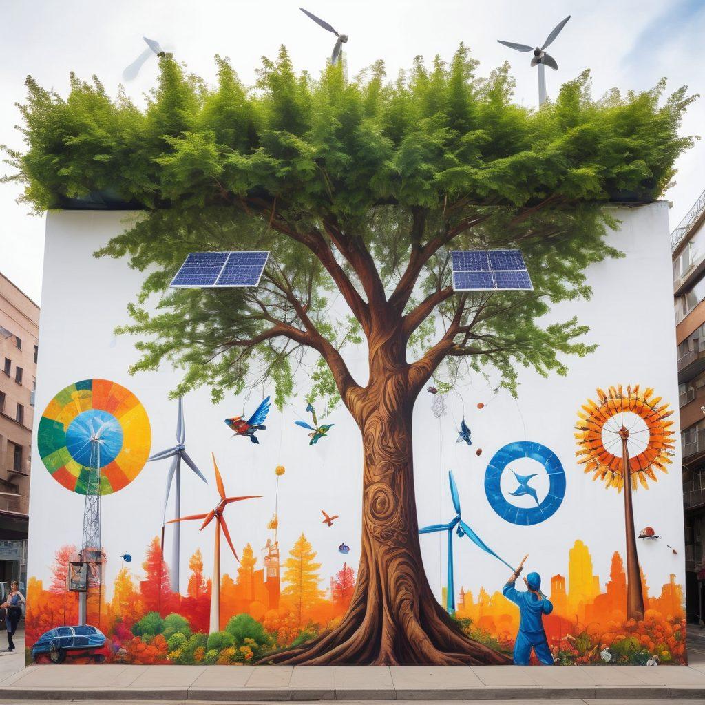 A colorful mural blending nature and urban elements, showcasing trees growing from buildings, animals coexisting with humans, and eco-friendly symbols like solar panels and wind turbines. An artist is painting a vibrant Earth, with activists holding banners in the background. Super-realistic, vibrant colors, inspiring atmosphere, white background.